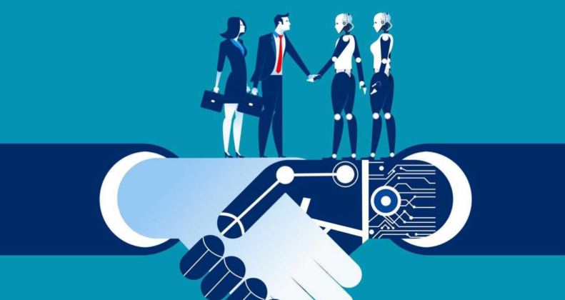 People and robots shaking hands, symbolizing the collaboration between humans and AI